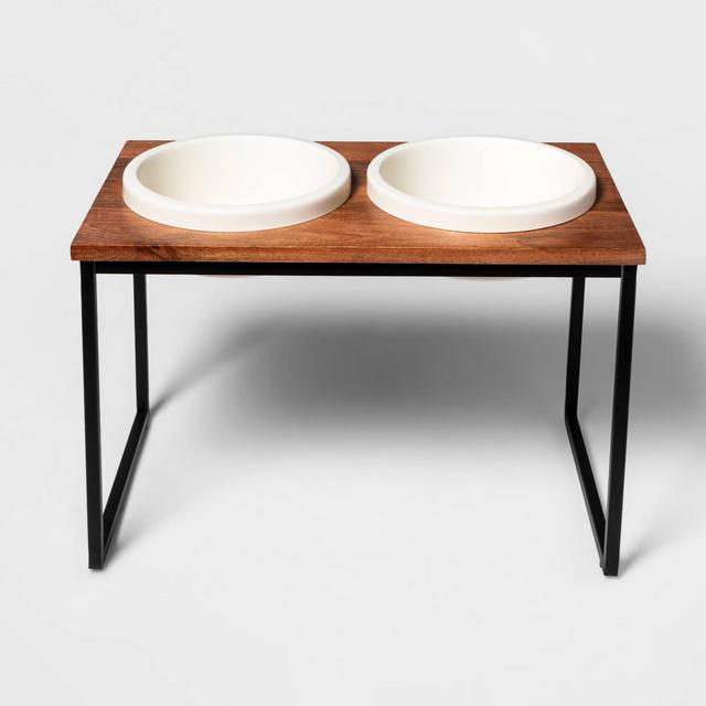 Modern Tall Metal Elevated Dog Bowl with Natural Wood Top - Black - Boots & Barkley™