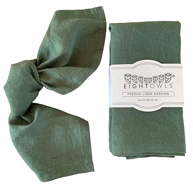 Linen Napkins –100% French Flax – Stonewashed Pure Linen Cloth Napkins - Size 18 Inch x 18 Inch – Set of 4 (Soft Rustic Green)