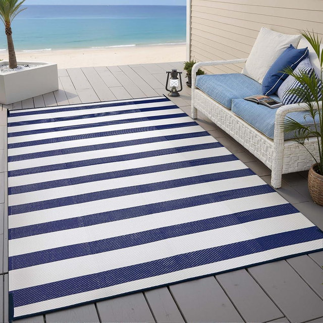 PureCozy Outdoor Waterproof Patio Rug 6x9 Plastic Straw Reversible Lightweight Outside Navy Blue Striped Large Carpet Outdoor for Camping RV Porch Deck Balcony Beach