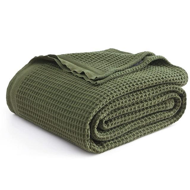 BEDSURE 100% Cotton Blankets Queen Size for Bed - 405GSM Waffle Weave Blankets for All Seasons, Olive Green Soft Lightweight Woven Blankets, 90x90 inches