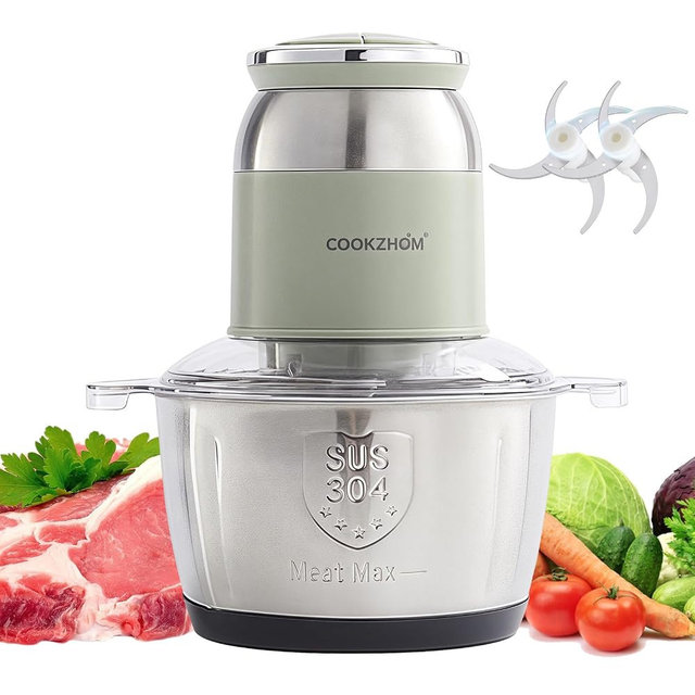 COOKZHOM Green Food Processor,500W Electric Meat Grinder with 8 Cup Stainless Steel Bowl and 4 Sharp Blades, Food Chopper & Vegetable Chopper for home use,Meat Processor, Vegetables, Fruits and Nuts