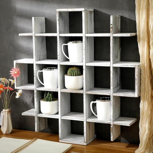 Suzile Farmhouse White Oversize Coffee Mug Display Rack Wooden Display Shelves Rustic Wooden Floating Curio Shelf Travel Mug Shelf Wall Mounted Coffee Mug Rack Holder Shadow Box Shelf (22 Slots)