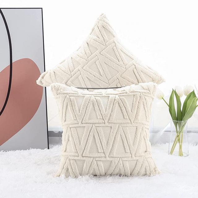 Madizz Pack of 2 Soft Plush Short Wool Velvet Decorative Throw Pillow Covers Luxury Style Cushion Case Pillow Shell for Sofa Bedroom Square Beige 16x16 inch