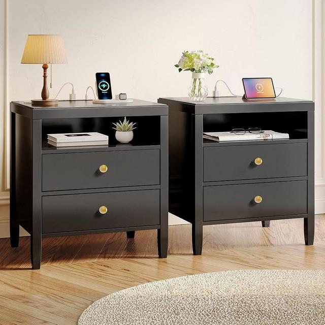 Huuger Black Nightstand Set of 2, Night Stand with Charger Station, Bedside Table with 2 Drawers, Bed Side Tables for Bedroom, Modern Nightstands, Metal Knobs, Painted Surface