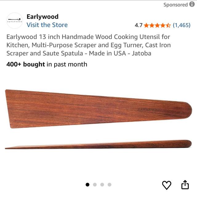 Earlywood 13 inch Handmade Wood Cooking Utensil for Kitchen, Multi-Purpose Scraper and Egg Turner, Cast Iron Scraper and Saute Spatula - Made in USA - Jatoba