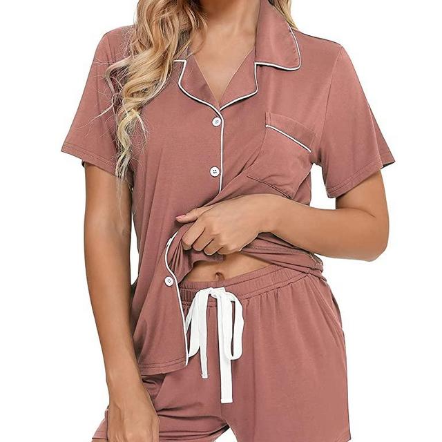 Samring Womens Pajamas Set Short Sleeve Sleepwear Button Down Nightwear Shorts Soft Pj Sets S-XXL