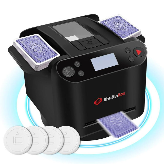 ShuffleBox G1 Pro 2025 Version Automatic Card Shuffler and Dealer 2-in-1 for 12 Players, Ultra Quiet, Rechargeable, Remote Card Calling, for Board Games and Poker Games (Black)