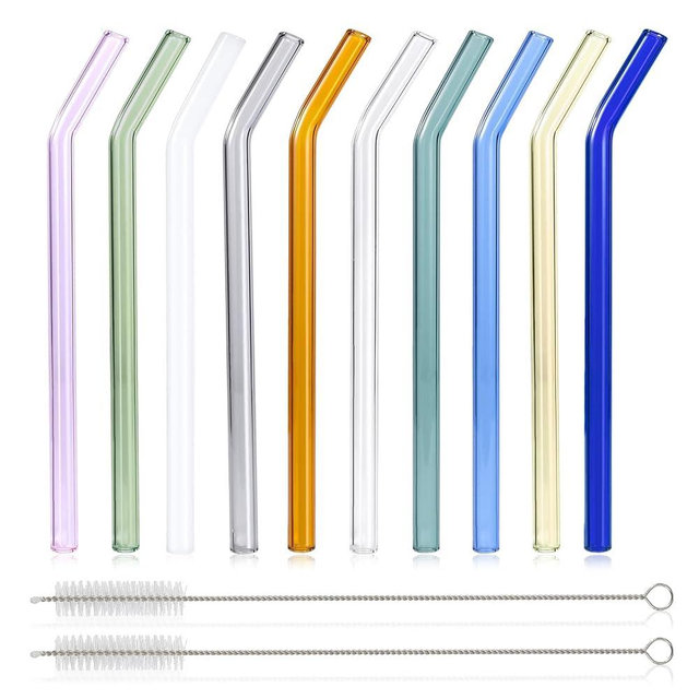 [10 Pcs] Reusable Glass Straws Shatter Resistant - 9" x 10 mm Bent Multicolor Drinking Reusable Straws With 2 Cleaning Brushes for Coffee,Milkshakes,Juice Drinks