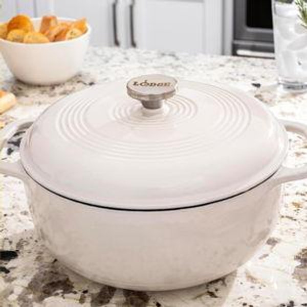 Lodge 6 Quart Enameled Cast Iron Dutch Oven with Lid – Dual Handles, Oven Safe up to 500°F, Stovetop Compatible – Marinate, Cook, Bake, Refrigerate & Serve – Oyster White