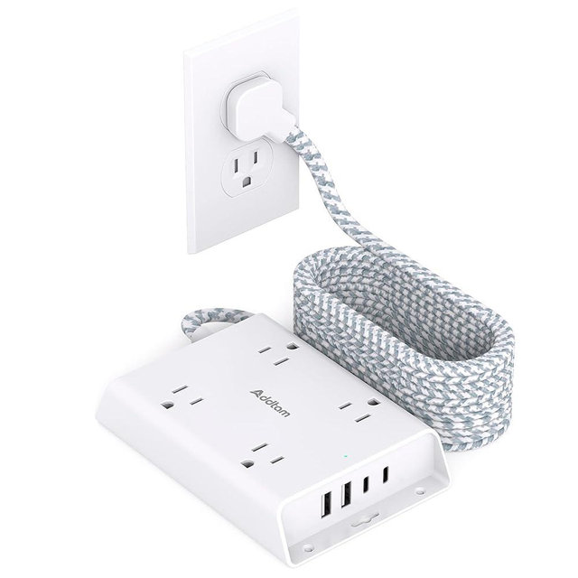 Surge Protector Power Strip 10 ft, Addtam Flat Plug Extension Cord with 4 USB Wall Charger(2 USB C Port), 4 Widely Outlets Desk Charging Station, Home Office and College Dorm Room Essentials