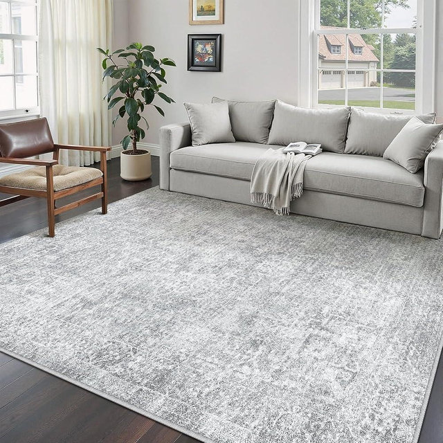 PureCozy 6x9 Area Rug Washable Vintage Living Room Carpet Large Indoor Non Slip Grey Bedroom Distressed Low Pile Retro Accent Throw Rug for Dining Room