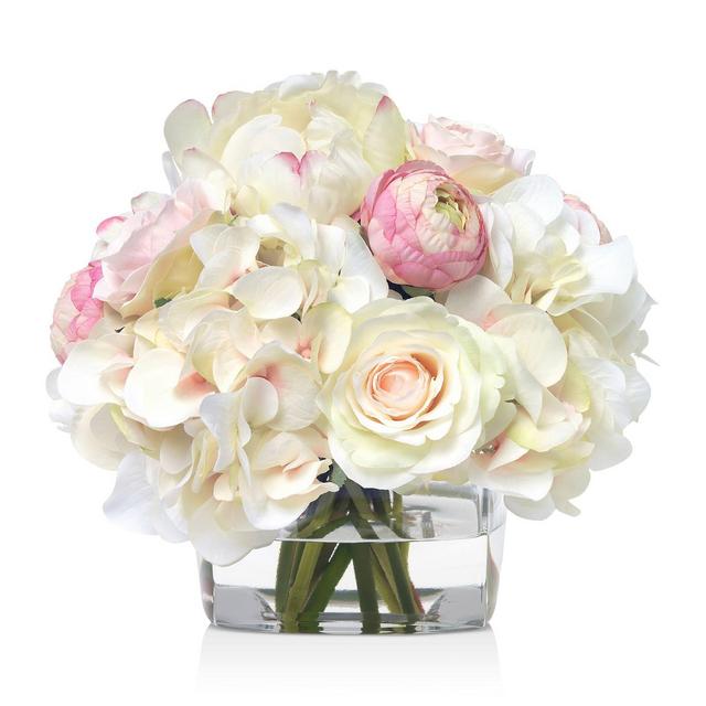 Diane James Home Rose & Hydrangea Faux Floral Arrangement in Glass Cube