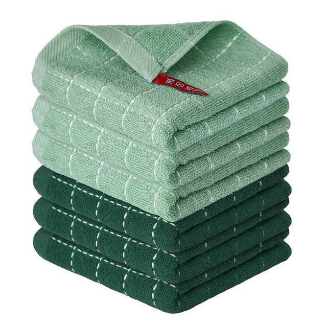 Artoid Mode Checkered Designed Cotton Dark Green Terry Kitchen Dish Cloths, 12x12 Inch Soft Absorbent Quick Drying Cleaning Kitchen Rags Set of 6