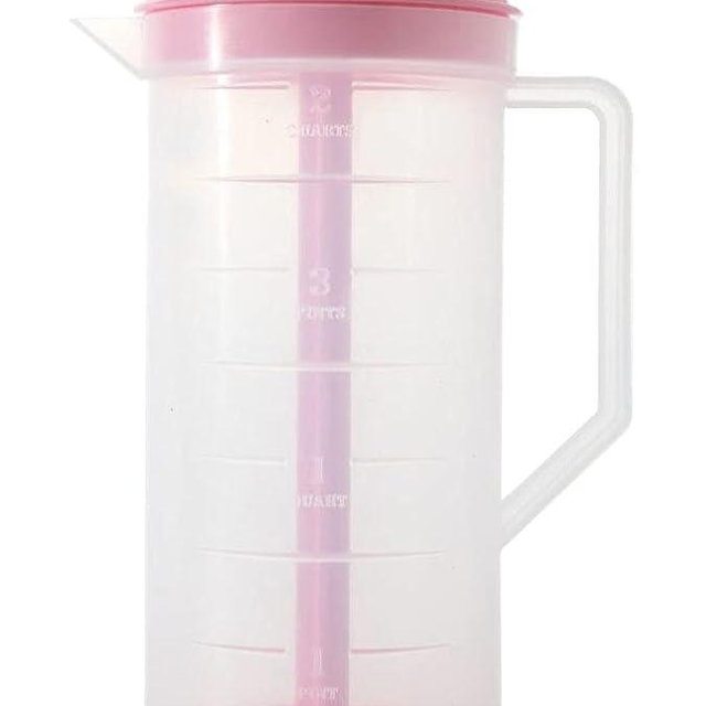 JBK Pottery - Mixing Pitcher for Drinks, Plastic Water Pitcher with Lid and Plunger with Angled Blades, Easy-Mix Juice Container, 2-Quart Capacity (Pink, One)