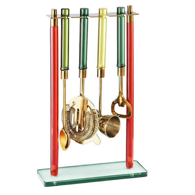 5-Piece Gold Bartender Kit with Stand. Stainless Steel Bar Tool Set, Colorful Handles. Includes Jigger, Strainer, Spoon, Bottle Opener Luxury Home Bar Cart Accessories, Cocktail Decor & Mixer Gift Set