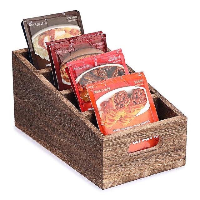 BSTKEY Seasoning Packet Organizer with Handle, Food Packet Storage with 4 Stairstep Compartments, Wooden Storage Caddy for Pantry Cabinet, Farmhouse Kitchen Organization Bin for Snacks Spice Packets