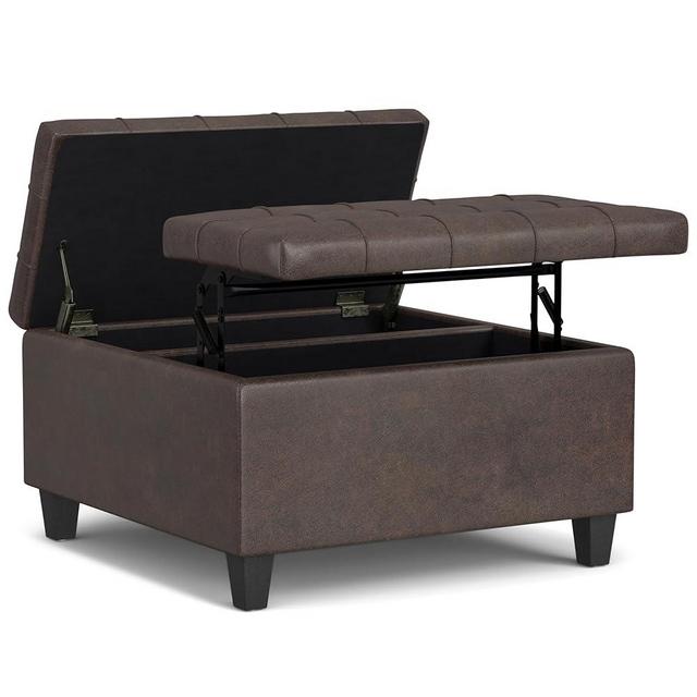 SIMPLIHOME Harrison 30 inch Wide Transitional Square Small Coffee Table Storage Ottoman in Distressed Brown Vegan Faux Leather, Assembled, for The Living Room and Bedroom