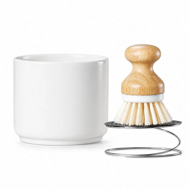 ONEMORE Bamboo Dish Brush with Ceramic Foaming Base, Kitchen Sink Scrub Brush Set with Spring and Mesh Insert, Wooden Handle Dishwashing Brush for Pots Pans Plates Bowls, White