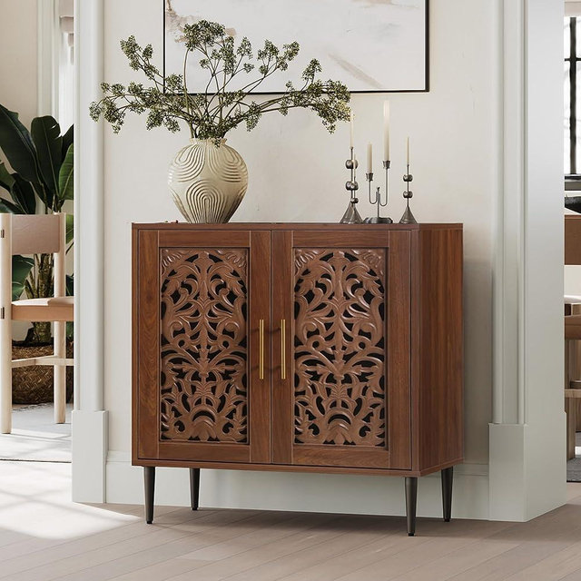 ARTPOWER Accent Cabinet with 2 Doors, Vintage Hollow Carving Buffet Cabinet, Sideboards and Buffets with Storage, Credenza for Living Room, Kitchen, Dining Room, Entryway, Hallway, Walnut