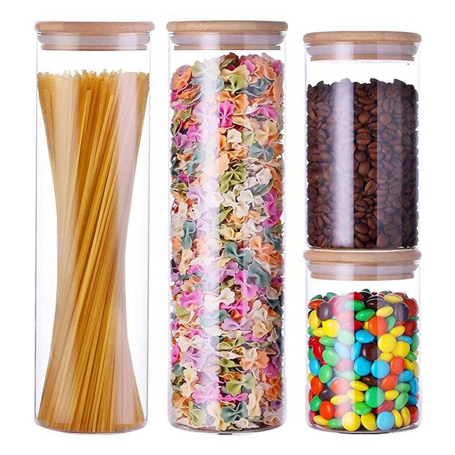 4pc Glass Canister Set with Airtight Bamboo Lids, Airtight Glass Jar Made of High Borosilicate, 0.6L/0.75L/1.5L 2 Multi-Purpose Glass Storage Canister for Kitchen Food, Bathroom Supply