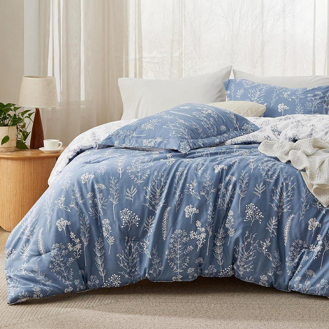Bedsure Queen Comforter Set - Infinity Blue Comforter, Cute Floral Bedding Comforter Sets, 3 Pieces, 1 Soft Reversible Botanical Flowers Comforter and 2 Pillow Shams