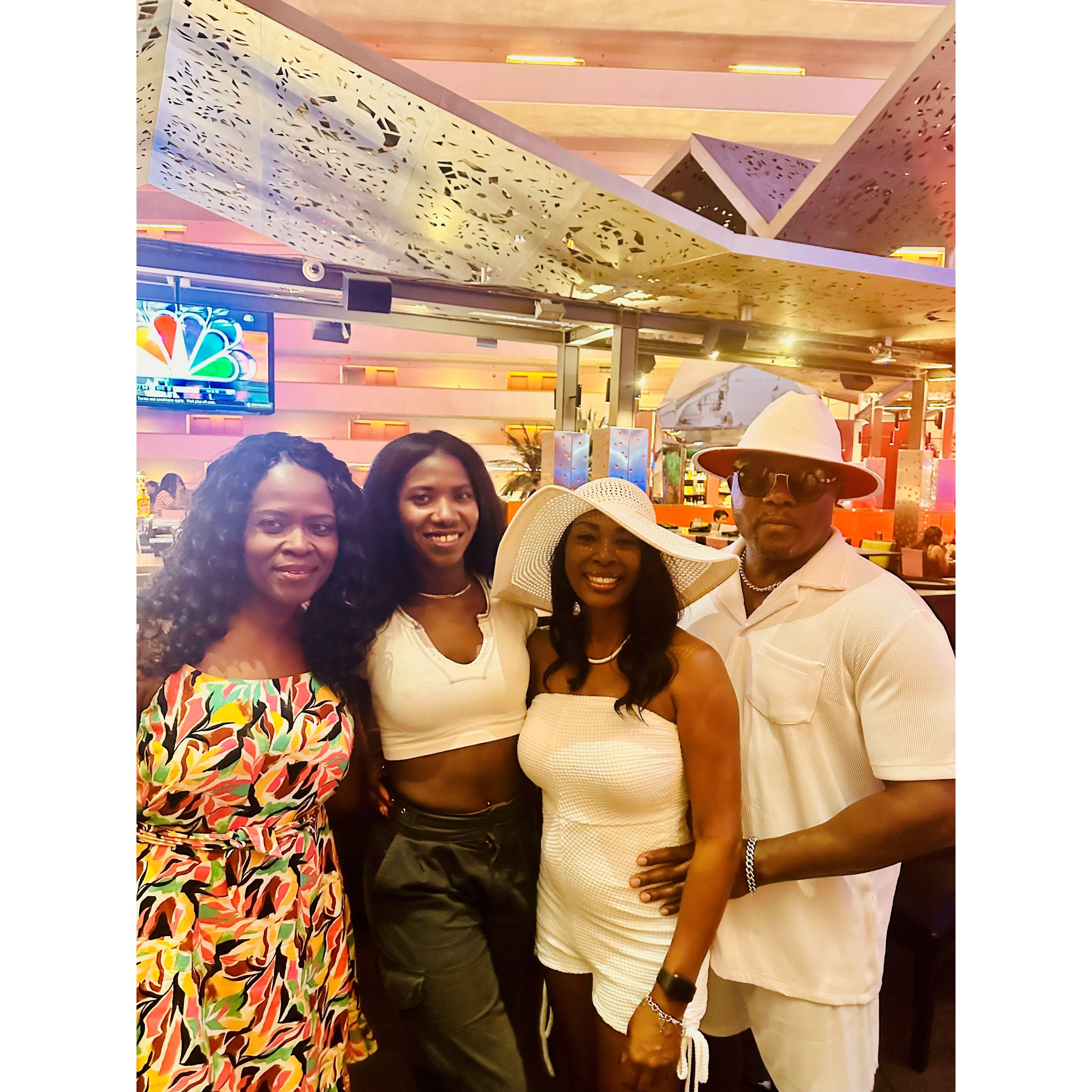 Tex and I in Vegas 2023 meeting up with my cousins Vera and Courtney Williams
