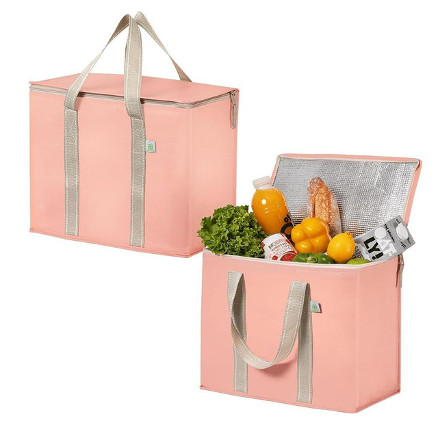 VENO 2 Pack Cooler Bag and Insulated Grocery Bags for Food Delivery, Collapsible Cooler. Reusable Shopping Bags for Groceries with Hard Bottom, Zippered, Foldable, Heavy-Duty (Peach Pink, 2 Pack)