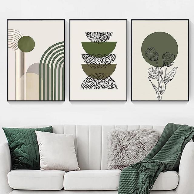 Green Geometric Painting Mid Century Prints Green Abstract Canvas Wall Art Abstract Boho Poster Olive Green Pictures Geometric Shape Wall Art Modern Minimalist Artwork for Living Room 16x24inch No Frame
