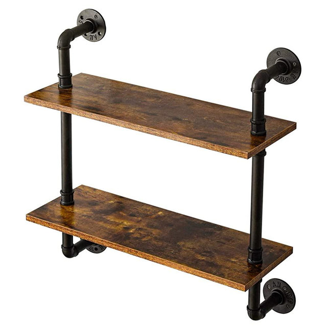 IBUYKE Industrial Wall Shelf, 2-Tier Large Size Rustic Floating Shelf, Iron Pipe Shelf Over Toilet, Sturdy and Easy Assembly