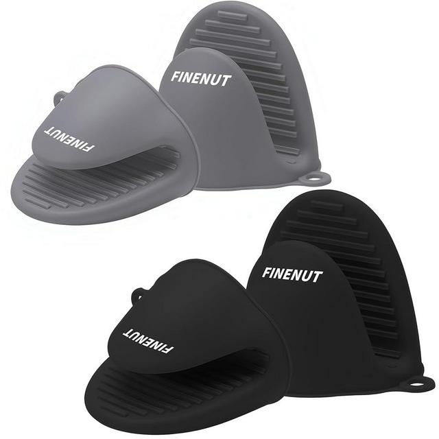 FINENUT Mini Silicone Oven Mitts 4PCS(2 Pairs) Non-Toxic Heatproof Cooking Gloves for Grill/Pizza Stone/Air Fryer,Lightweight Non-Slip Compact for Camping/Baking,Dishwasher Safe(Black and Gray)