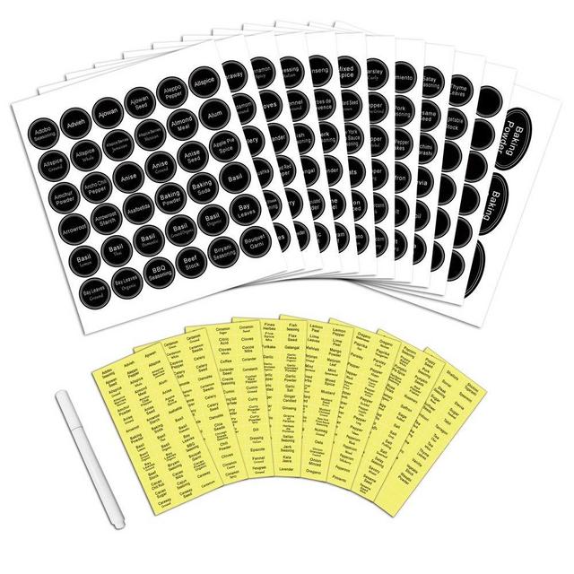 SWOMMOLY 771 Printed Spice Jar Labels with Extra Write-on Labels, Pantry Stickers and Chalk Marker Pen. Chalkboard and Transparent Labels Set
