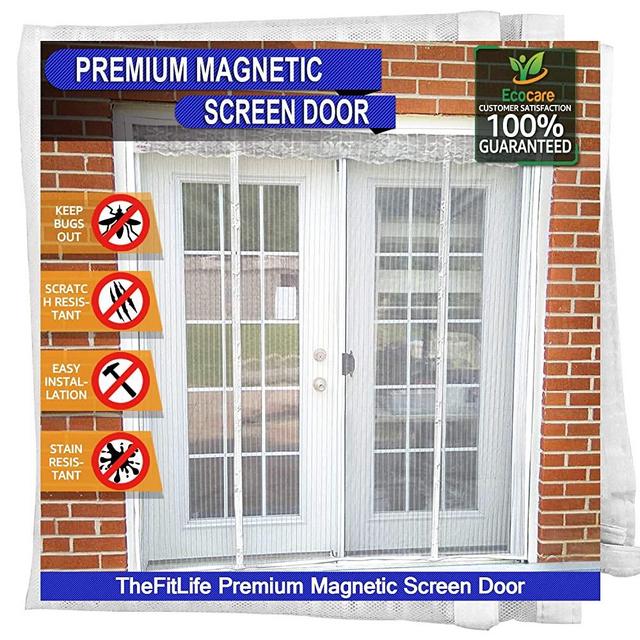 TheFitLife Double Door Magnetic Screen - Mesh Curtain with Full Frame Hook & Loop Powerful Magnets, Snap Shut Automatically for Patio, Sliding or Large Door, White Fits Doors up to 72''x80'' Max