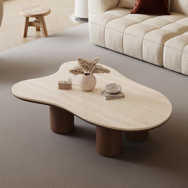 Cloud Shape Coffee Table, Walnut Wood Coffee Table for Living Room, Irregular Indoor Tea Table, 48.4" Modern Home End Table with 4 Legs(Stone, Brown)