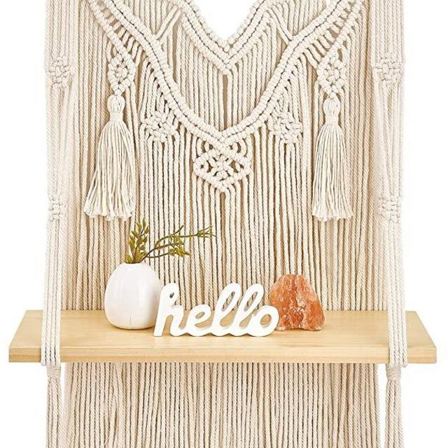 Mkono Macrame Wall Hanging Shelf Boho Decor Wood Floating Shelf for Bedroom Living Room Nursery Bathroom, Handmade Woven Rope Storage Rack for Photo Frames Plant Display