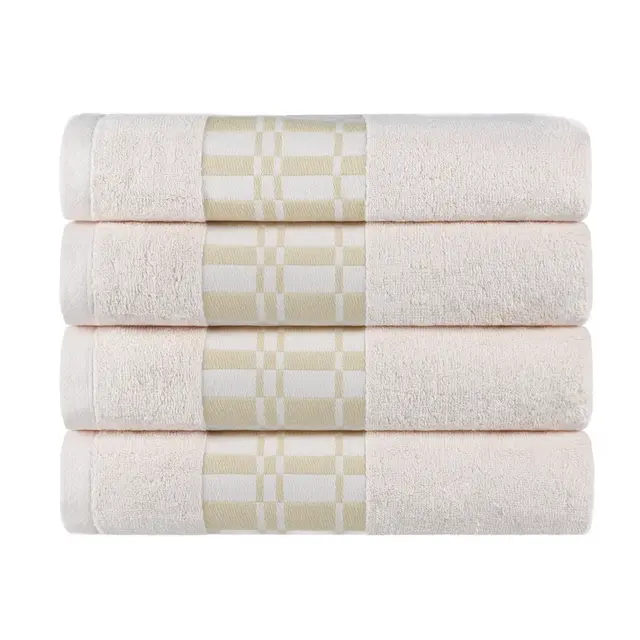 100% Cotton Medium Weight Geometric Border Bath Towel Set of 4, Ivory - Blue Nile Mills