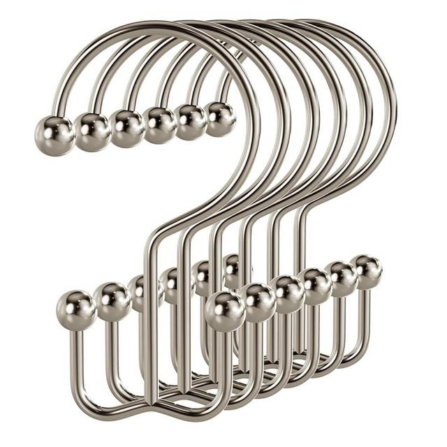 Bathway Shower Curtain Hooks Nickel Shower Curtain Rings, 12 Pcs Double Hook Shower Curtain Hooks Rings Shower Curtain Hangers Rust Proof, Metal Shower Hooks for Bathroom Shower Curtain Rod