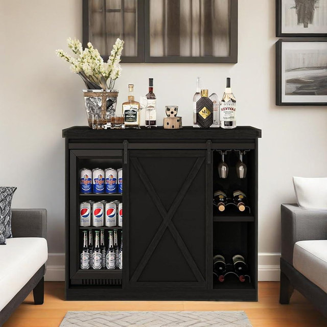 JassmiPkwy Coffee Bar Cabinet with Fridge Space, Farmhouse Wine Cabinet with Rack, Aquarium Stand with Power Outlet for Kitchen Dining Room Living Room, Black