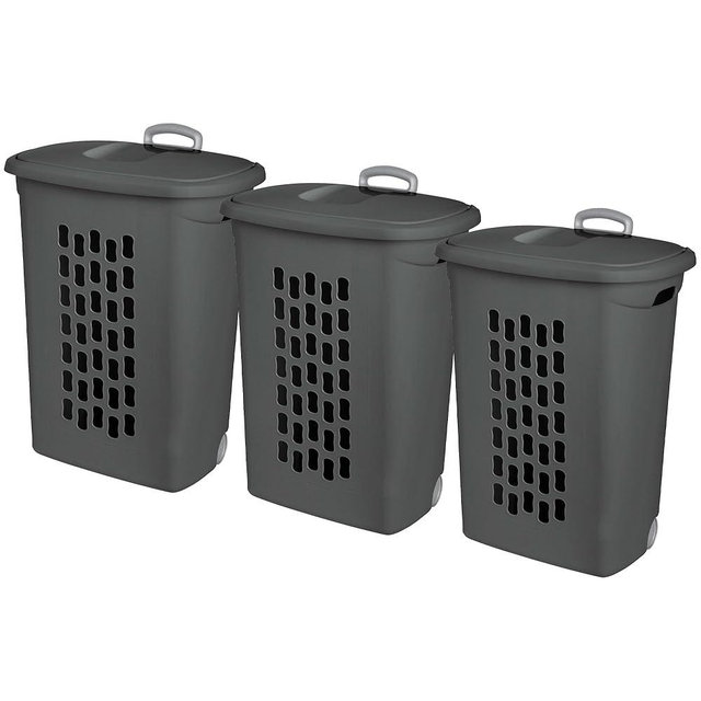 Sterilite 3-Pack Ultra Wheeled Hamper, Plastic Rolling Laundry Basket, Flat Gray - Portable Clothes Carrier with Flip-Top Lid and Retractable Handle for Home, Apartment, and Dorm