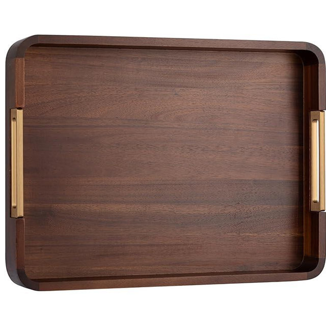 Acacia Wood Serving Tray with Metal Handles – Large Rustic Design for Breakfast, Drinks, or Coffee – Decorative Wooden Tray for Bed, Couch, or Patio – Also Functions as Ottoman Tray or Drink Station