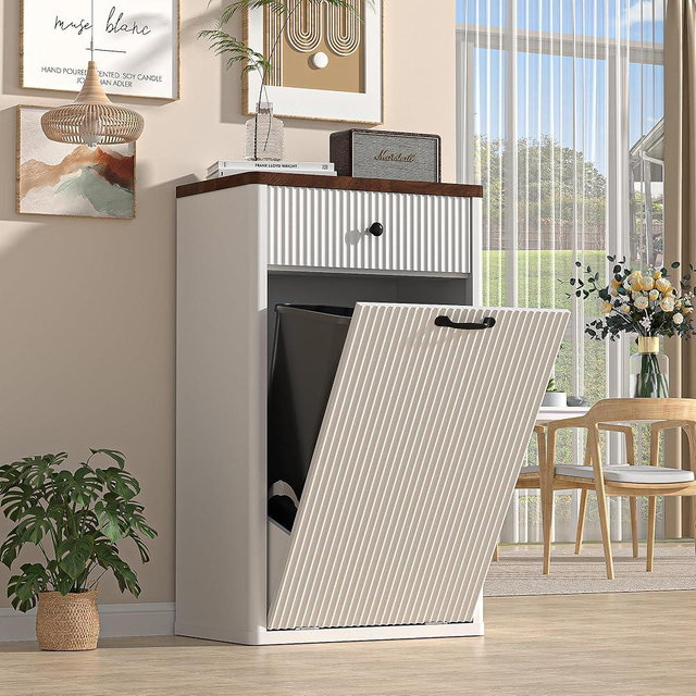 AHB 13 Gallons Tilt Out Trash Can Cabinet, Freestanding Trash Can Cabinet with Drawers,Hidden Trash Can for Kitchen Living Room Storage Room