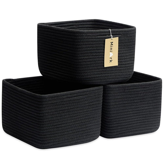 MiniArk Small Organizing Baskets for Cubes Shelf, 9.7x9.7x7.1 Inch Rope Woven Storage Bins for Nursery Shelves Storage, Cute Toy Basket, Square 3 Packs Black