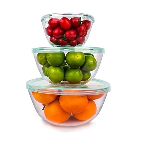 Homnoble Glass Mixing Bowls with Lids Set, Glass Mixing Bowls for Kitchen, Salad Bowls with Lids Glass Bowl Microwave Safe Meal Prep Container with Covers 3Pcs(4.4qt/ 2.7qt/1.1qt)
