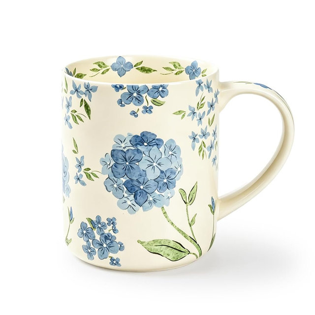 LINVIA Garden Mug, 18 oz Large Floral Coffee Mug with Big Handle, Ceramic Porcelain Tea Cup, Microwave Dishwasher Safe (Summer, Blue Hydrangea)
