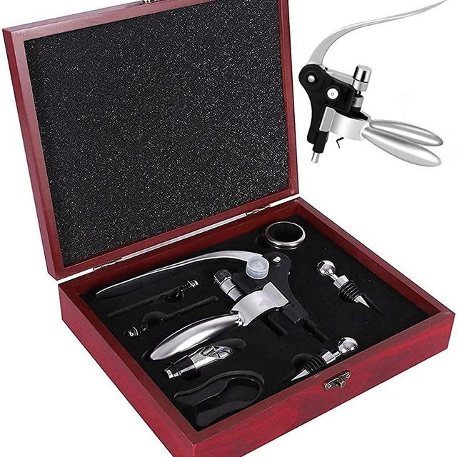 Wine Opener Set, Corkscrew Red Wine Bottle Opener, Wine Decanter Pourer, Wine Bottle Alloy Stopper, Foil Cutter and Drip Ring with Wood Case, Wedding Valentines Day Christmas Wine Gift Set