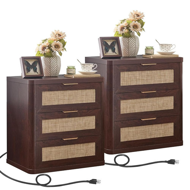 LEYAOYAO Rattan Night Stand Set of 2 with Charger Station, 23" Large 3 Drawer Boho Nightstand, Walnut Bedside Table Storage Cabinet, Bed Side End Tables for Bedroom, Living Room, Hallway