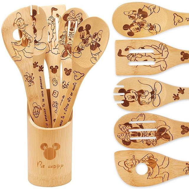 Minnie Mouse Wooden Spoons For Cooking, Bamboo Cooking Kitchen Utensils Set, Mickey Kitchen Decor,Disney theme Gifts For Women, Housewarming Birthday Anniversary Present For Friend,Mom (6pcs)