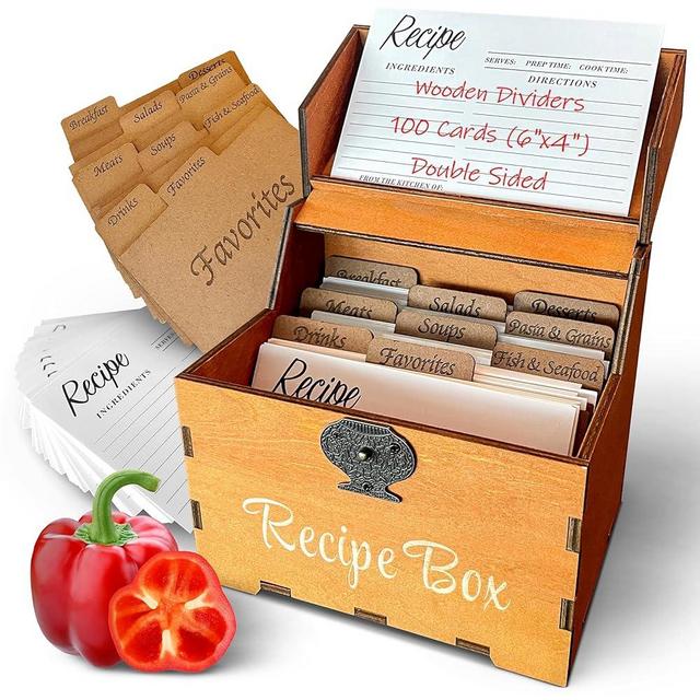 Albino monkey Rustic Recipe Box Set with 100 Cards, 9 Wooden Dividers – A Recipe Book to Write in Your Own Recipes - Recipes Card Holder with Display Lid, 4"x6" Index Card Organizer for Kitchen