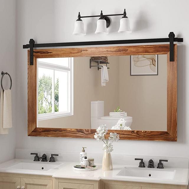 COGOOD Farmhouse Barn Door Mirror - 39.4" X 23.6" Rustic Wood Framed Wall Mirror for Bathroom, Living Room, Bedroom Wall Decor (Brown)