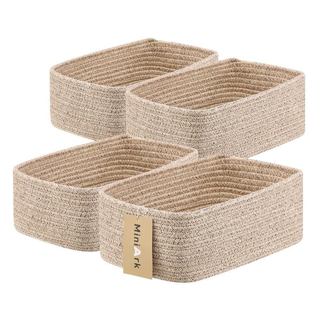 MiniArk Small Storage Baskets for Organizing | Closet Organizer Bins | Shelf Toy Basket | Woven Rope Baskets | Cube Decorative Box | Shallow Basket | 11.5x7.5x4.7” | 4 Packs Mixed Brown