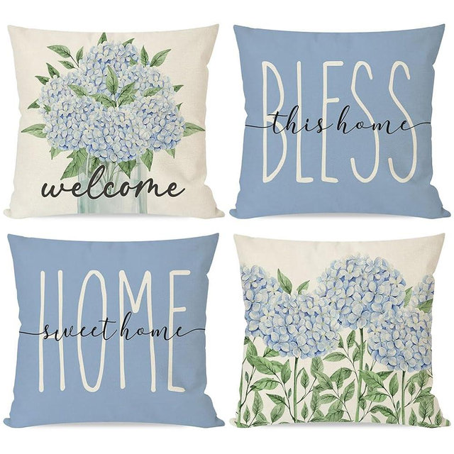 PANDICORN Blue Hydrangea Throw Pillow Covers 18x18 Inch Bless This Home Sweet Home Flower Welcome Spring Summer Decor Set of 4 Farmhouse Decorative Throw Pillows Cases Outdoor Decorations